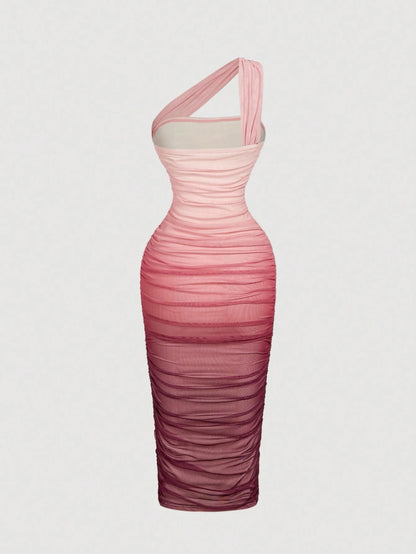 MOD Women's Ombre Ruched Bodycon One Shoulder Mesh Midi Dress Purple Summer Elegant Sexy Wedding Birthday Gender Reveal Ninang Gradient Sunset Outfit