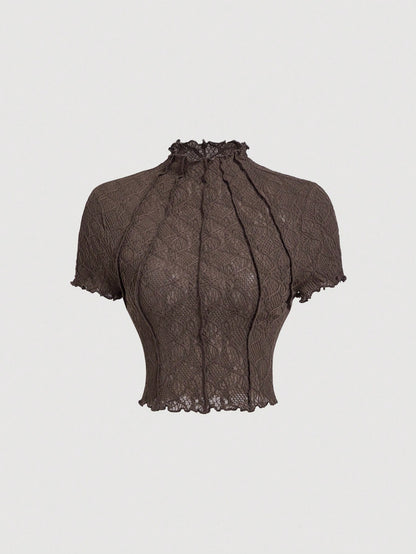 MOD Women's Round Neck Puff Sleeve Solid Color Knit Textured Sheer Casual T-Shirt