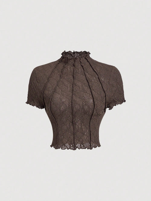 MOD Women's Round Neck Puff Sleeve Solid Color Knit Textured Sheer Casual T-Shirt