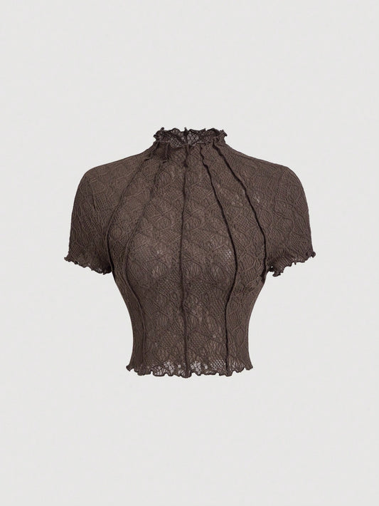 MOD Women's Round Neck Puff Sleeve Solid Color Knit Textured Sheer Casual T-Shirt