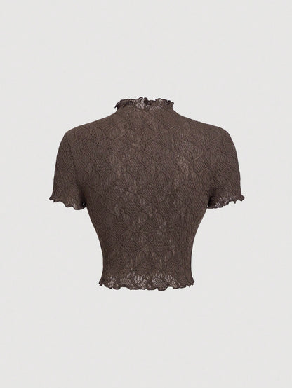 MOD Women's Round Neck Puff Sleeve Solid Color Knit Textured Sheer Casual T-Shirt