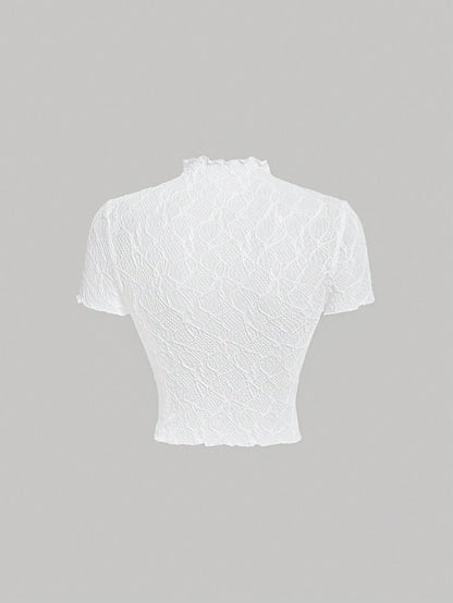 MOD Women's Round Neck Puff Sleeve Solid Color Knit Textured Sheer Casual T-Shirt