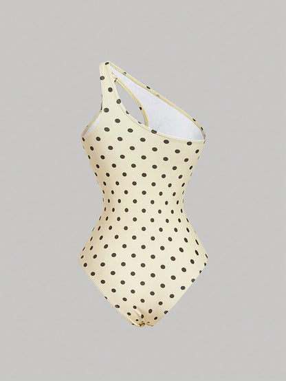 MOD Women's White With Black Polka Dots One Shoulder Cutout One Piece Swimsuit,Summer 90s Retro Monokini With Ring Detail For Beach Party,Holiday,Vacation