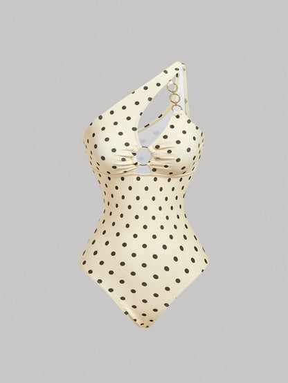 MOD Women's White With Black Polka Dots One Shoulder Cutout One Piece Swimsuit,Summer 90s Retro Monokini With Ring Detail For Beach Party,Holiday,Vacation