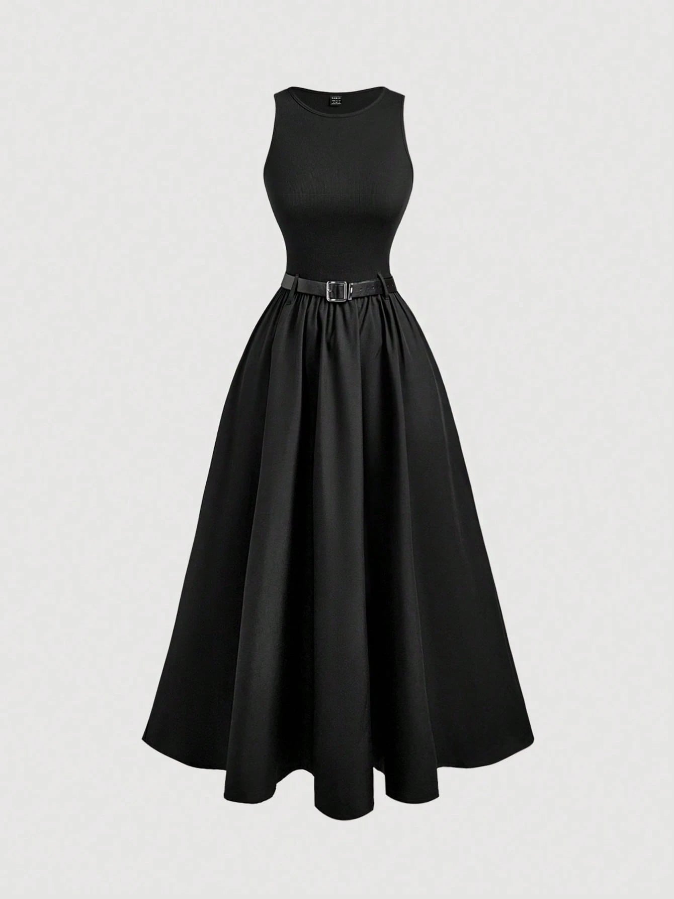 MOD Women Solid Color Summer Sleeveless Dress With Belt, Back To School Dinner Day Party, Graduation Dress Black Minimalist Elegant