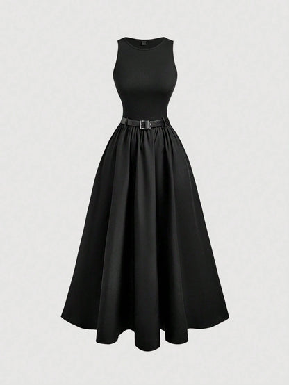 MOD Women Solid Color Summer Sleeveless Dress With Belt, Back To School Dinner Day Party, Graduation Dress Black Minimalist Elegant