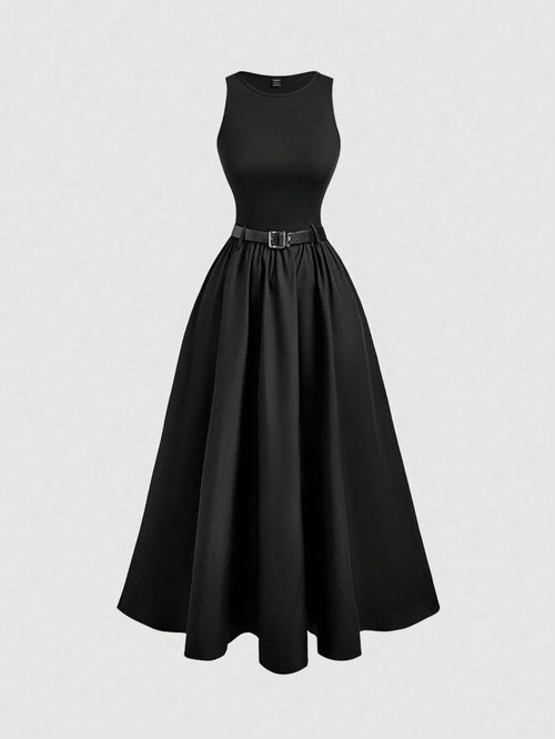 MOD Women Solid Color Summer Sleeveless Dress With Belt, Back To School Dinner Day Party, Graduation Dress Black Minimalist Elegant