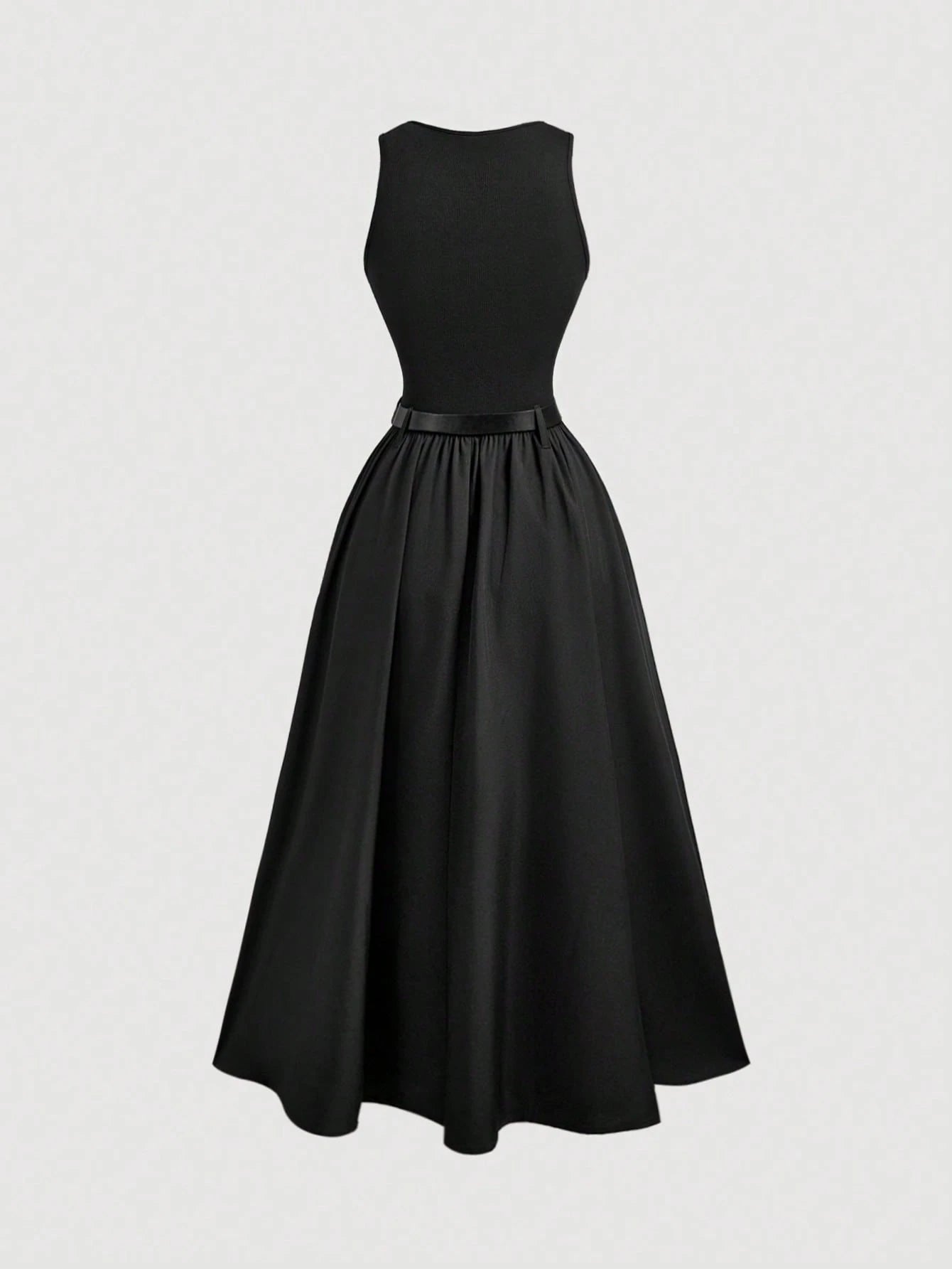 MOD Women Solid Color Summer Sleeveless Dress With Belt, Back To School Dinner Day Party, Graduation Dress Black Minimalist Elegant