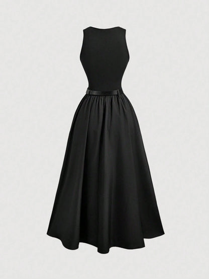 MOD Women Solid Color Summer Sleeveless Dress With Belt, Back To School Dinner Day Party, Graduation Dress Black Minimalist Elegant