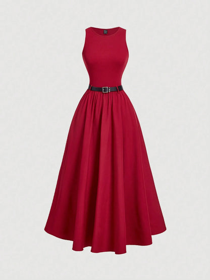 MOD Women Solid Color Summer Sleeveless Dress With Belt, Back To School Dinner Day Party, Graduation Dress Black Minimalist Elegant