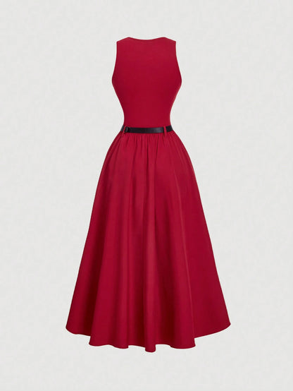 MOD Women Solid Color Summer Sleeveless Dress With Belt, Back To School Dinner Day Party, Graduation Dress Black Minimalist Elegant