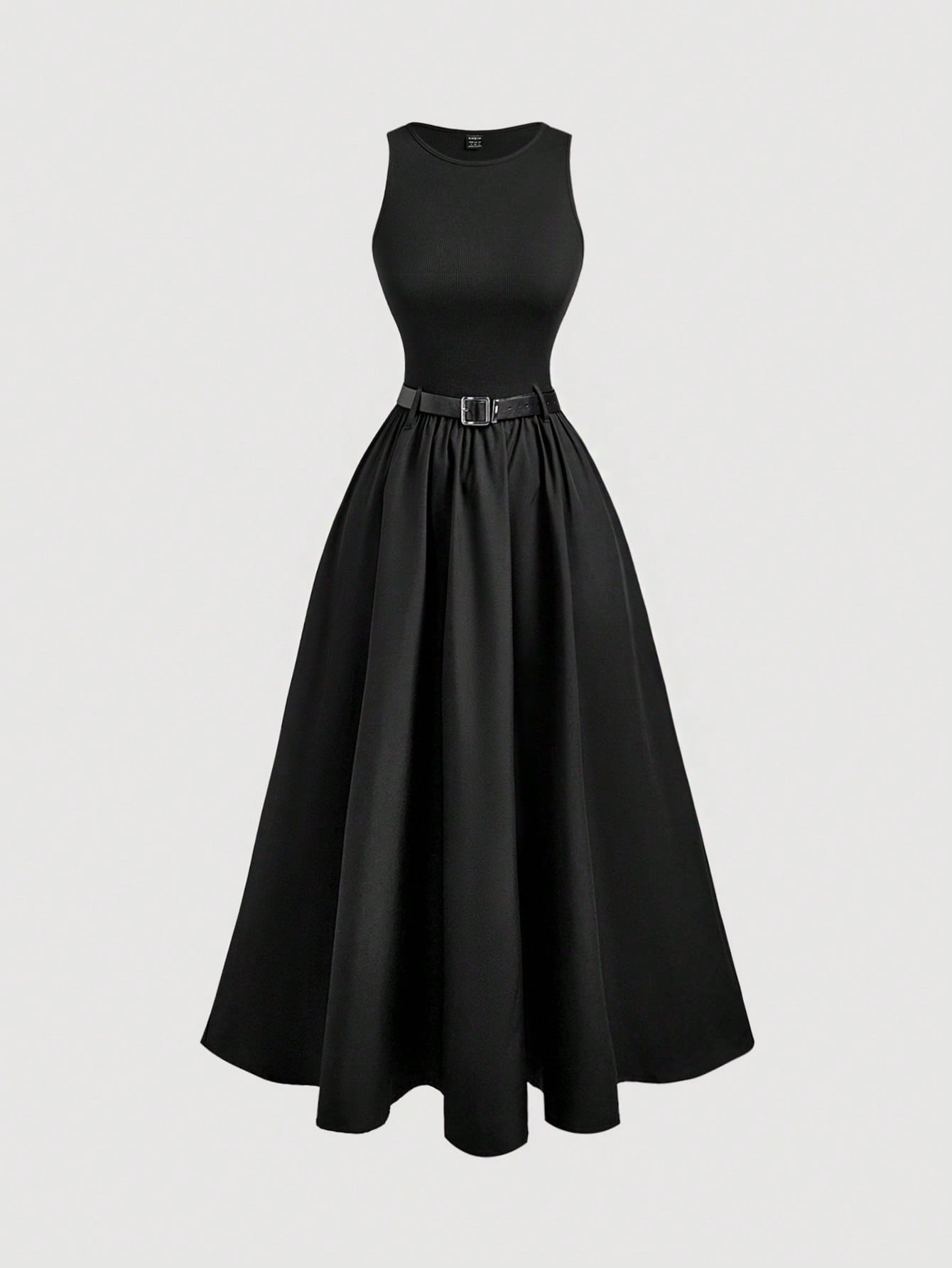 MOD Women Solid Color Summer Sleeveless Dress With Belt, Back To School Dinner Day Party, Graduation Dress Black Minimalist Elegant