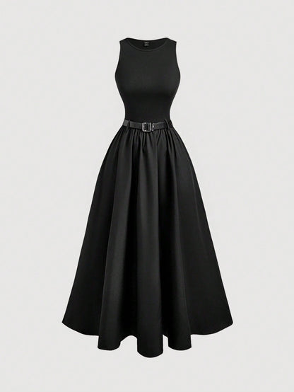 MOD Women Solid Color Summer Sleeveless Dress With Belt, Back To School Dinner Day Party, Graduation Dress Black Minimalist Elegant