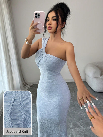 Modelyn Blue Textured One-Shoulder Twist Bandeau Bodycon Fishtail Dress Jacquard Knit Dress