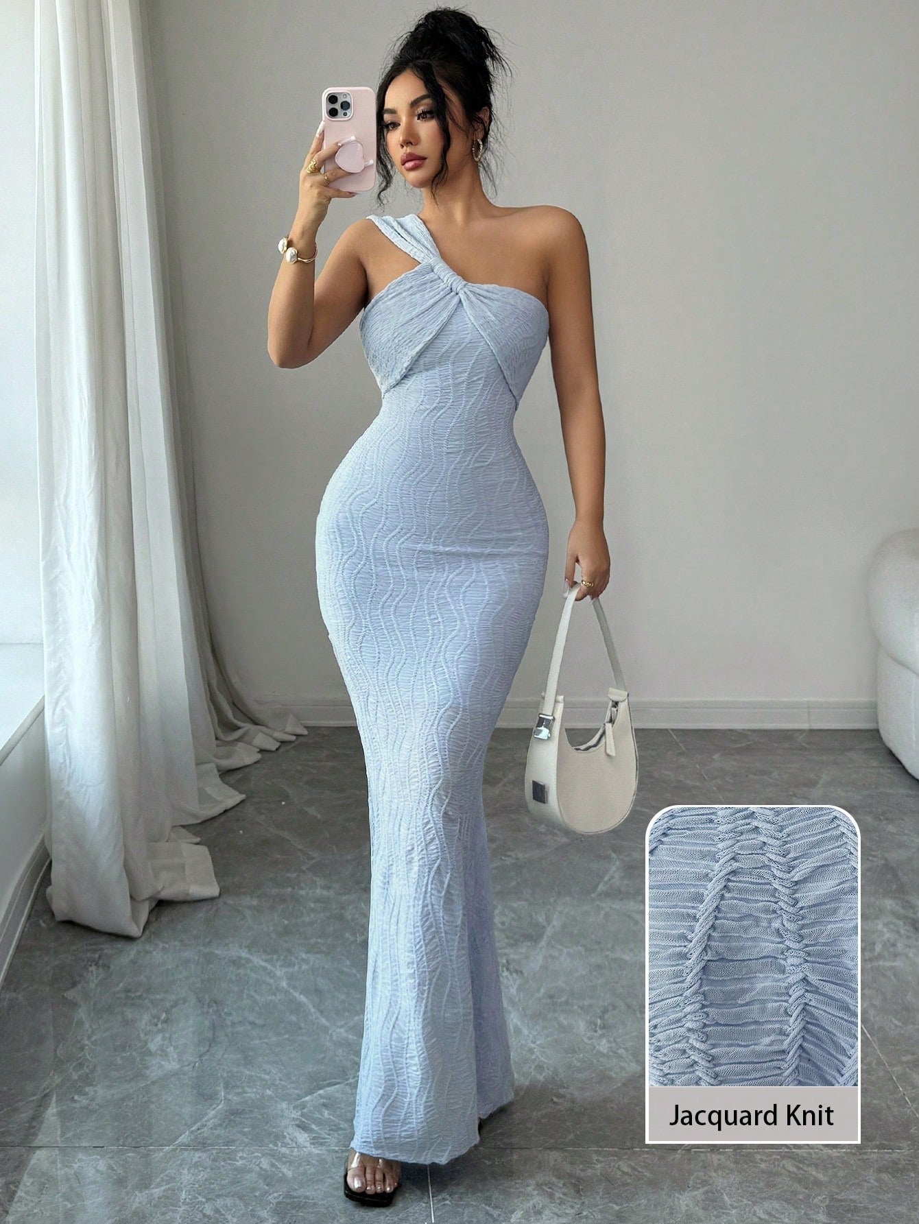 Modelyn Blue Textured One-Shoulder Twist Bandeau Bodycon Fishtail Dress Jacquard Knit Dress
