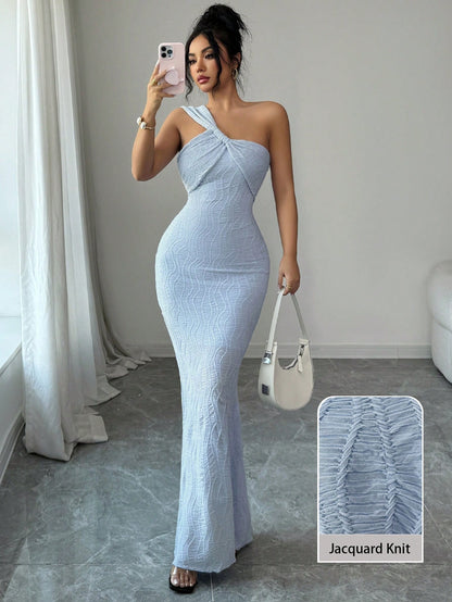 Modelyn Blue Textured One-Shoulder Twist Bandeau Bodycon Fishtail Dress Jacquard Knit Dress