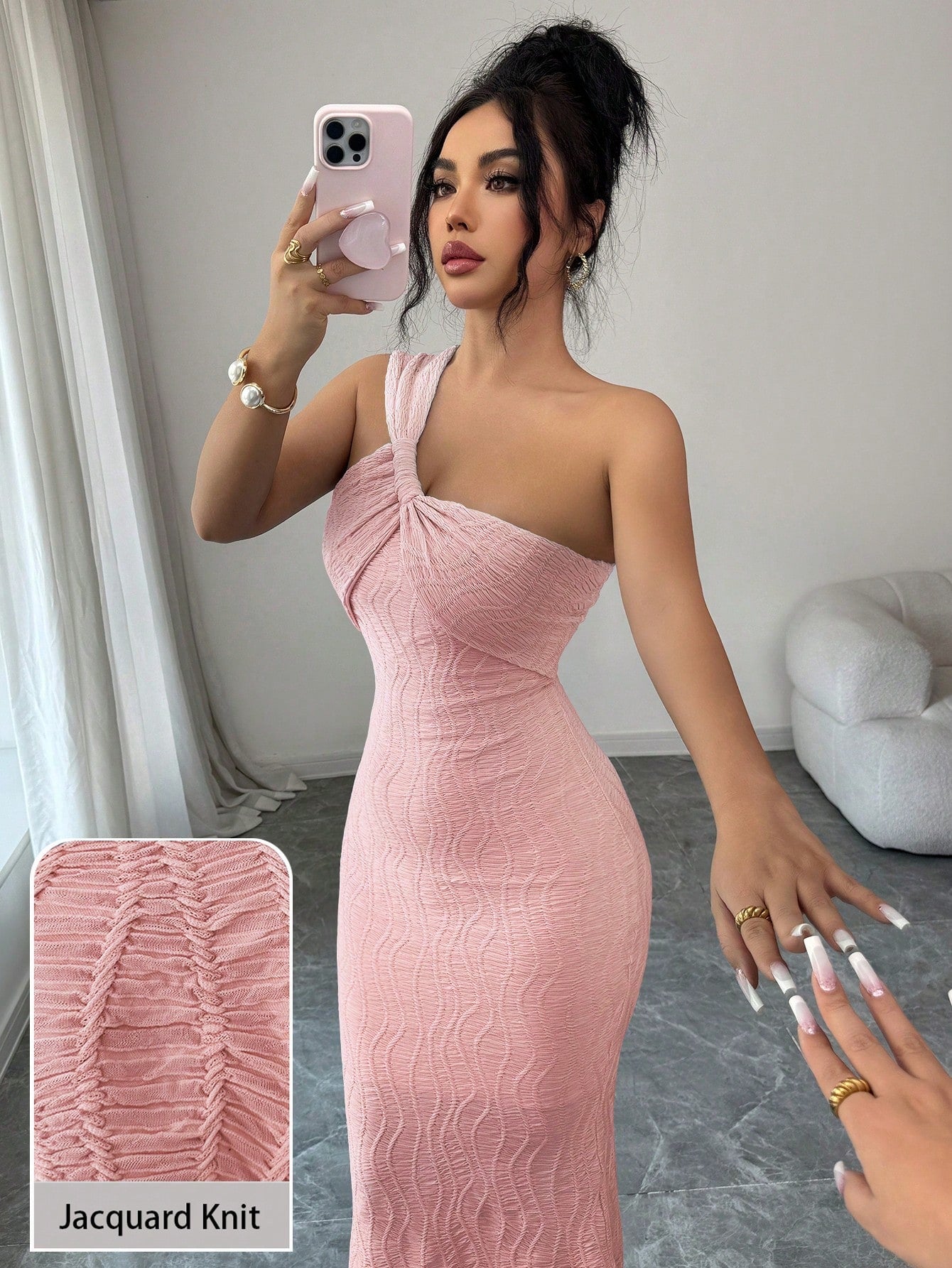 Modelyn Blue Textured One-Shoulder Twist Bandeau Bodycon Fishtail Dress Jacquard Knit Dress