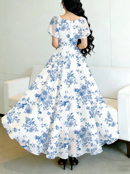 Modelyn Cobalt Blue Ditsy Floral Ruched Square Neck Flutter Sleeve Dress, Waist Cinched Elegant Floral Long Dress For Summer Vacation And Daily Wear