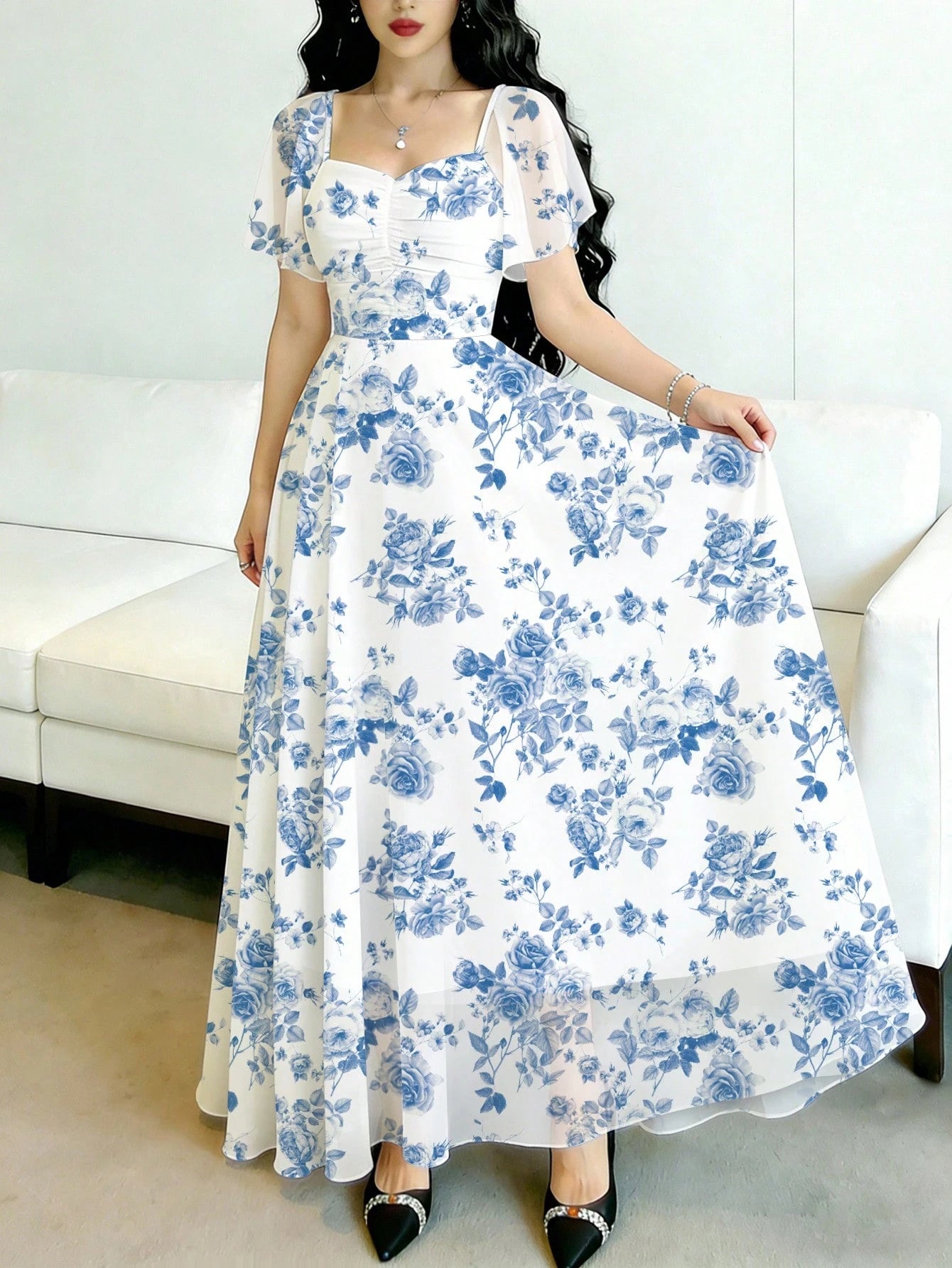 Modelyn Cobalt Blue Ditsy Floral Ruched Square Neck Flutter Sleeve Dress, Waist Cinched Elegant Floral Long Dress For Summer Vacation And Daily Wear