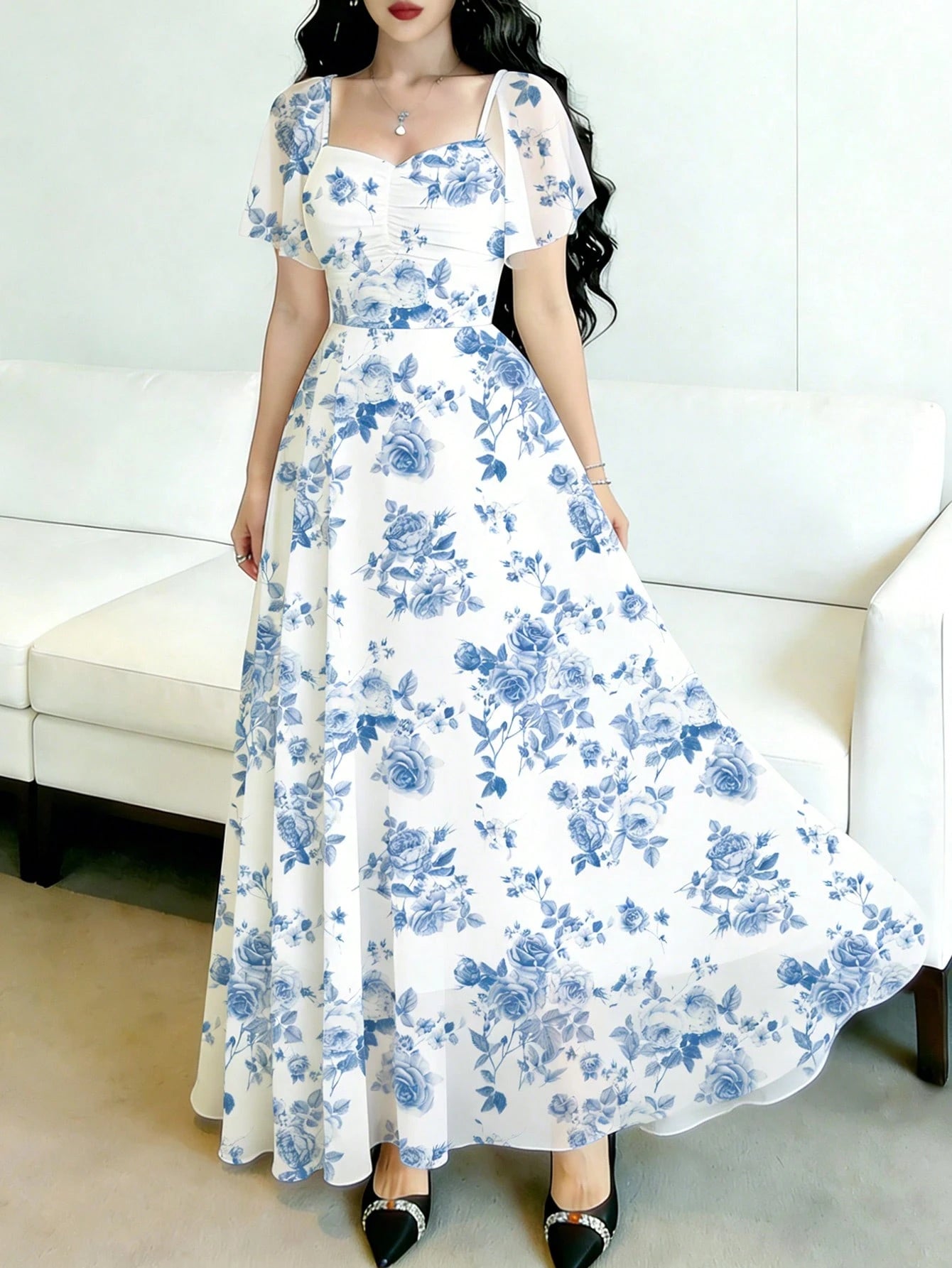 Modelyn Cobalt Blue Ditsy Floral Ruched Square Neck Flutter Sleeve Dress, Waist Cinched Elegant Floral Long Dress For Summer Vacation And Daily Wear