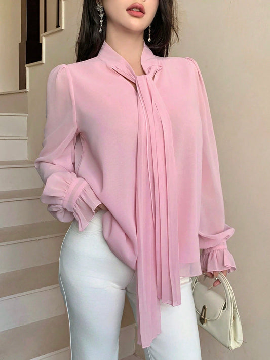 Modelyn Elegant Chiffon Tie Neck Long Sleeve Blouse, Slimming & Graceful, Suitable For Autumn, Pink