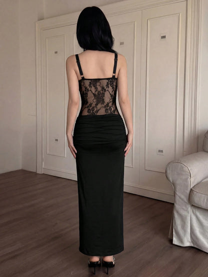 Modelyn Elegant Lace Patchwork Women's Side Slit Camisole Dress Night Out Black Floral Summer