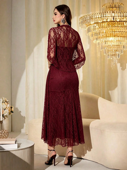Modelyn Elegant Mesh Shiny Strapless Shawl Sleeve Fitted Long Dress For Women, Spring & Autumn