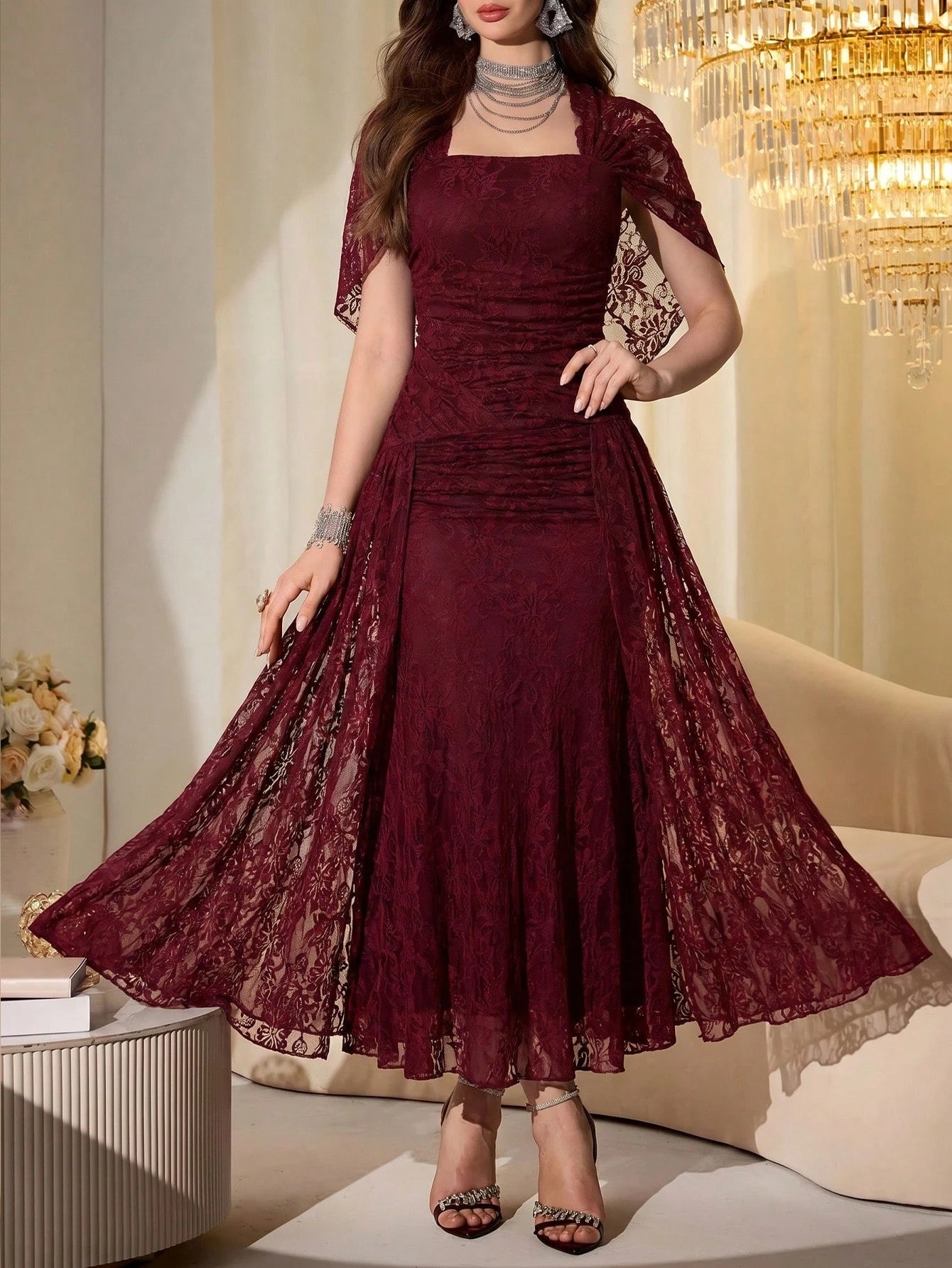 Modelyn Elegant Mesh Shiny Strapless Shawl Sleeve Fitted Long Dress For Women, Spring & Autumn