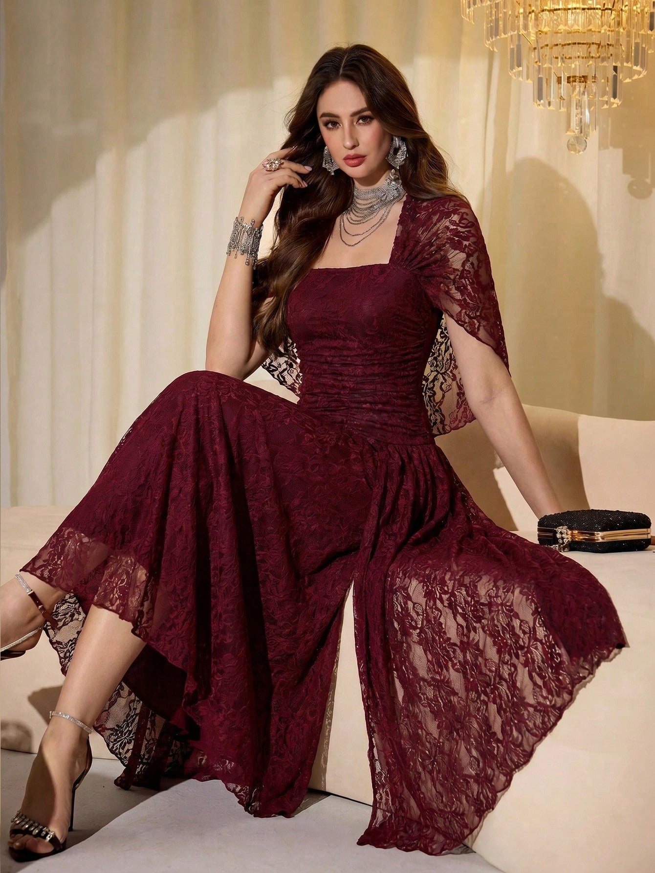 Modelyn Elegant Mesh Shiny Strapless Shawl Sleeve Fitted Long Dress For Women, Spring & Autumn