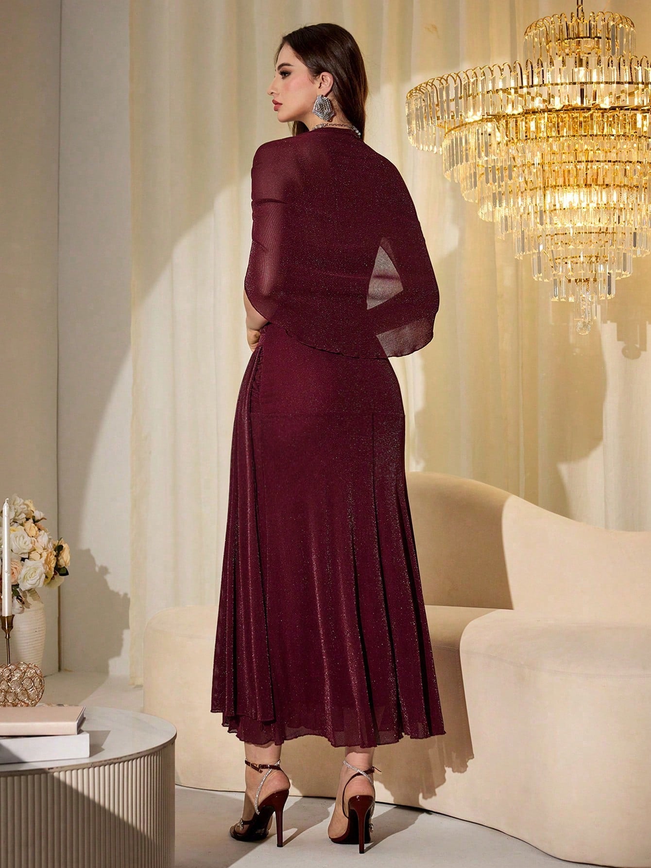 Modelyn Elegant Mesh Shiny Strapless Shawl Sleeve Fitted Long Dress For Women, Spring & Autumn