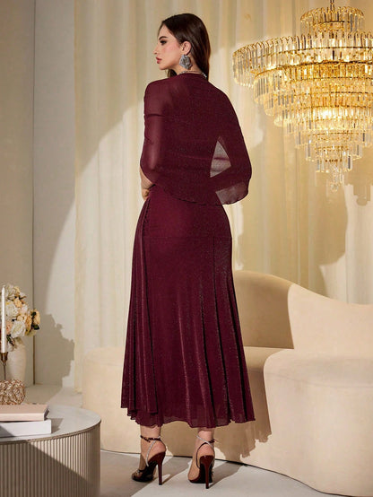 Modelyn Elegant Mesh Shiny Strapless Shawl Sleeve Fitted Long Dress For Women, Spring & Autumn