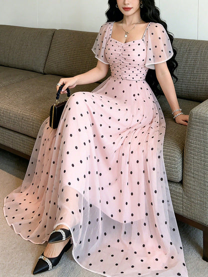 Modelyn Pink Polka Dot,Summer Elegant Women's Square Neck Cap Sleeve Maxi Dress,Waist-Cinched Minimalist Long Dress For Vacation,Daily Wear&Dates