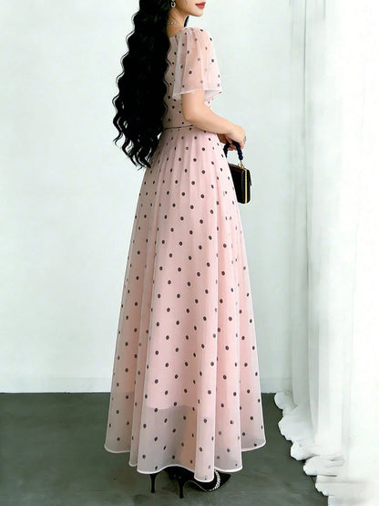 Modelyn Pink Polka Dot,Summer Elegant Women's Square Neck Cap Sleeve Maxi Dress,Waist-Cinched Minimalist Long Dress For Vacation,Daily Wear&Dates