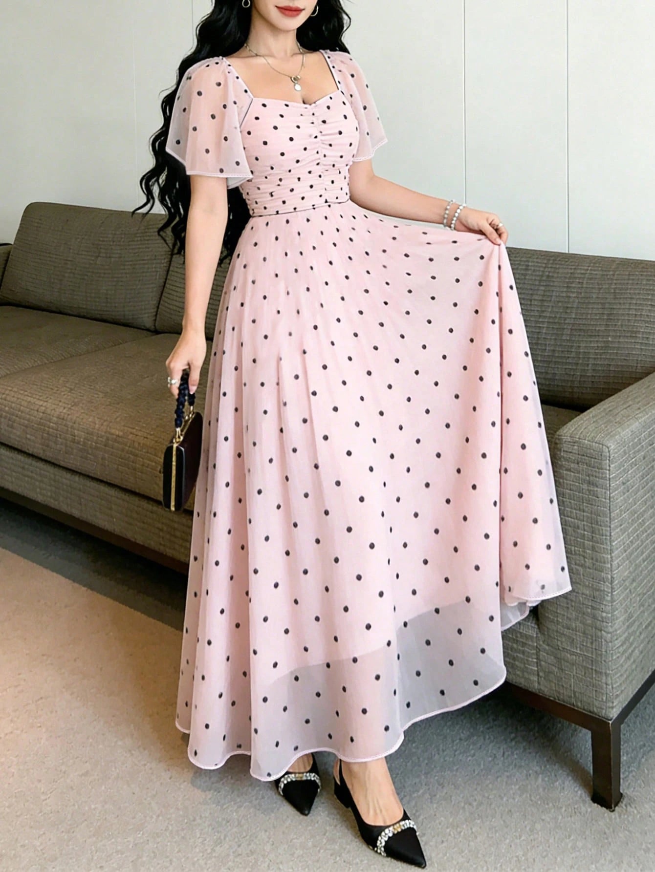 Modelyn Pink Polka Dot,Summer Elegant Women's Square Neck Cap Sleeve Maxi Dress,Waist-Cinched Minimalist Long Dress For Vacation,Daily Wear&Dates