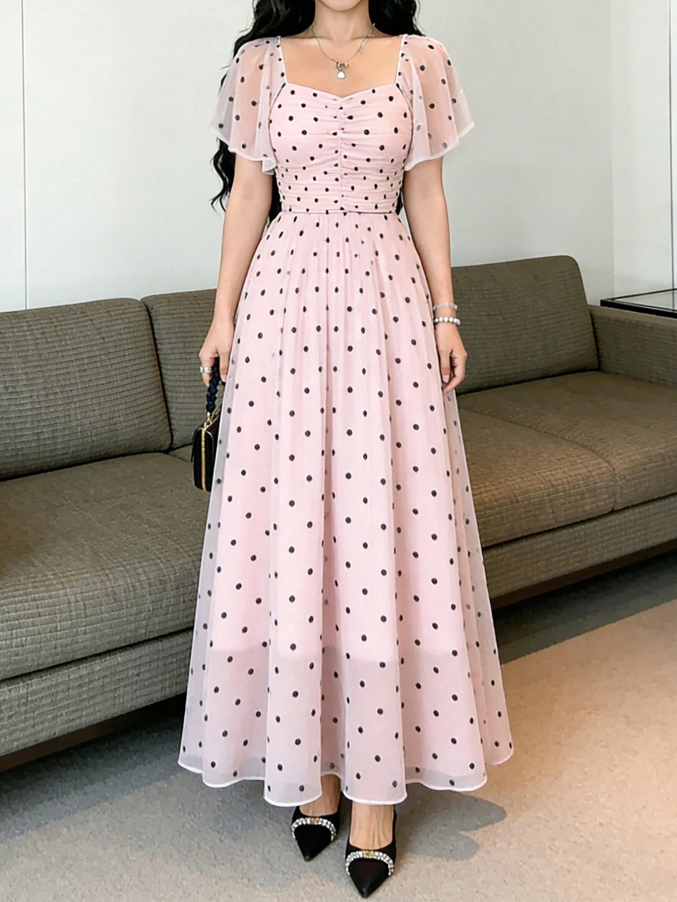 Modelyn Pink Polka Dot,Summer Elegant Women's Square Neck Cap Sleeve Maxi Dress,Waist-Cinched Minimalist Long Dress For Vacation,Daily Wear&Dates