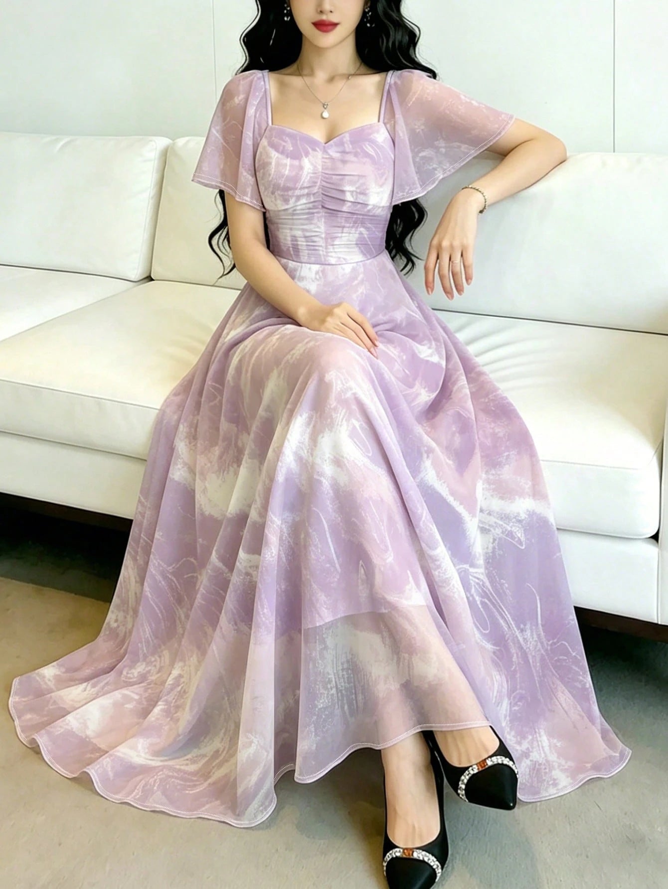 Modelyn Pink Polka Dot,Summer Elegant Women's Square Neck Cap Sleeve Maxi Dress,Waist-Cinched Minimalist Long Dress For Vacation,Daily Wear&Dates