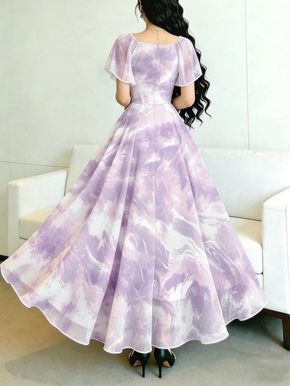Modelyn Pink Polka Dot,Summer Elegant Women's Square Neck Cap Sleeve Maxi Dress,Waist-Cinched Minimalist Long Dress For Vacation,Daily Wear&Dates