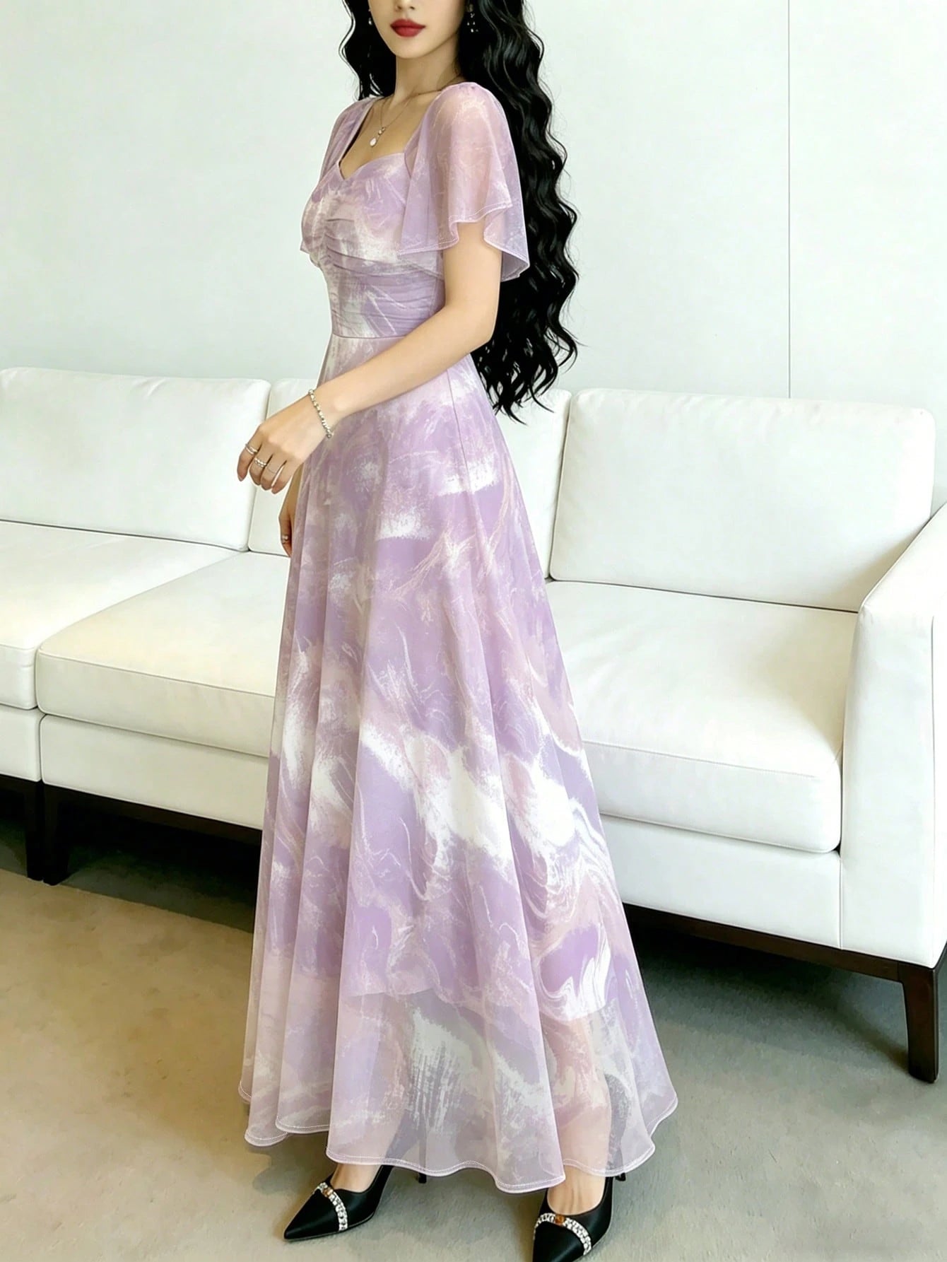 Modelyn Pink Polka Dot,Summer Elegant Women's Square Neck Cap Sleeve Maxi Dress,Waist-Cinched Minimalist Long Dress For Vacation,Daily Wear&Dates