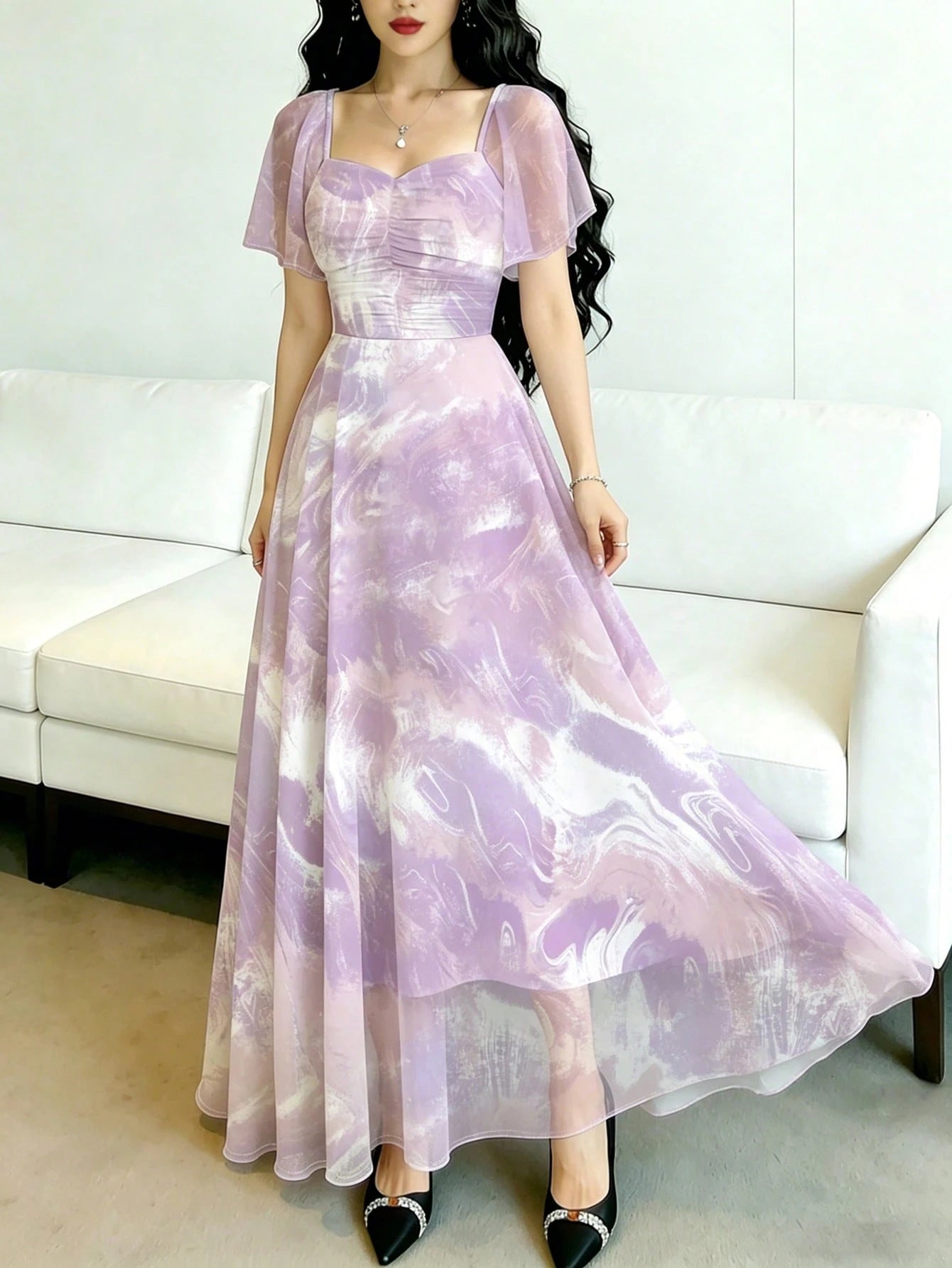 Modelyn Pink Polka Dot,Summer Elegant Women's Square Neck Cap Sleeve Maxi Dress,Waist-Cinched Minimalist Long Dress For Vacation,Daily Wear&Dates