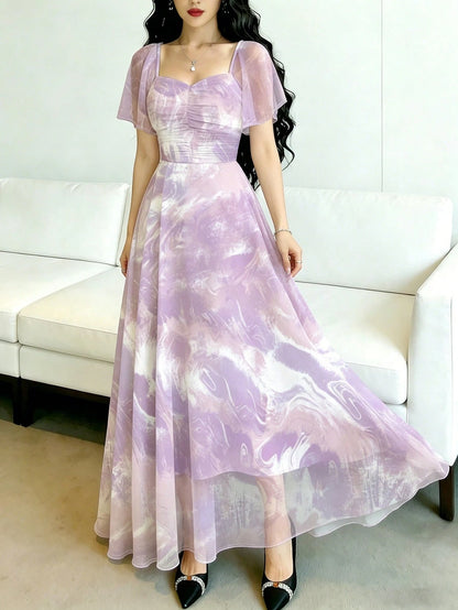 Modelyn Pink Polka Dot,Summer Elegant Women's Square Neck Cap Sleeve Maxi Dress,Waist-Cinched Minimalist Long Dress For Vacation,Daily Wear&Dates