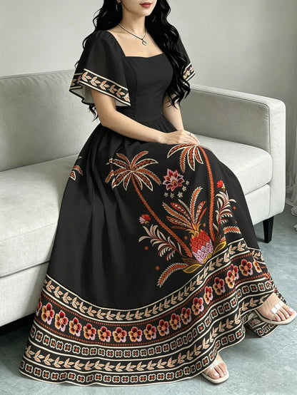 Modelyn Tropical Plant Print Elegant Dress For Women, Fashion Square Neck Cap Sleeve Dress, Ruffle Hem Design, Summer Vacation Style Bohemian Dress