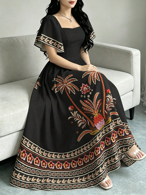 Modelyn Tropical Plant Print Elegant Dress For Women, Fashion Square Neck Cap Sleeve Dress, Ruffle Hem Design, Summer Vacation Style Bohemian Dress