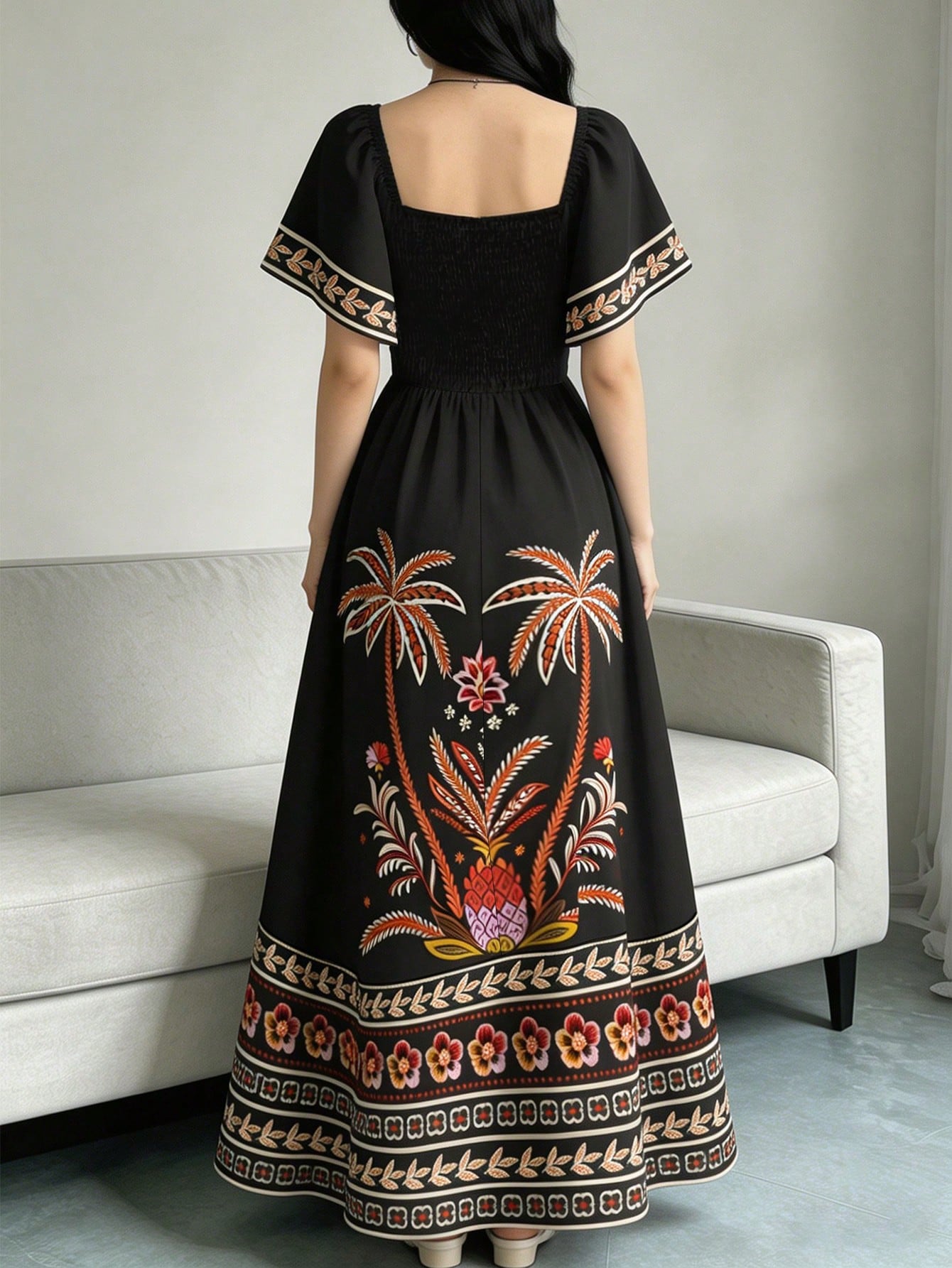 Modelyn Tropical Plant Print Elegant Dress For Women, Fashion Square Neck Cap Sleeve Dress, Ruffle Hem Design, Summer Vacation Style Bohemian Dress
