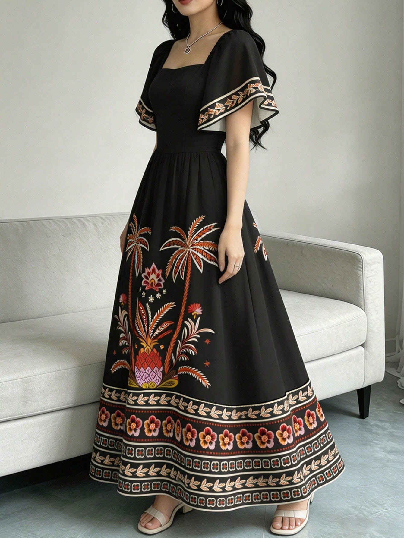 Modelyn Tropical Plant Print Elegant Dress For Women, Fashion Square Neck Cap Sleeve Dress, Ruffle Hem Design, Summer Vacation Style Bohemian Dress