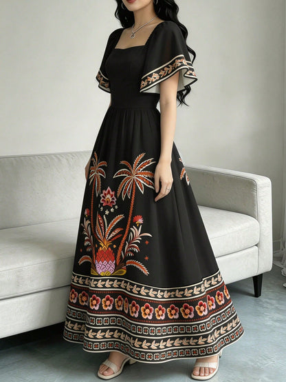 Modelyn Tropical Plant Print Elegant Dress For Women, Fashion Square Neck Cap Sleeve Dress, Ruffle Hem Design, Summer Vacation Style Bohemian Dress