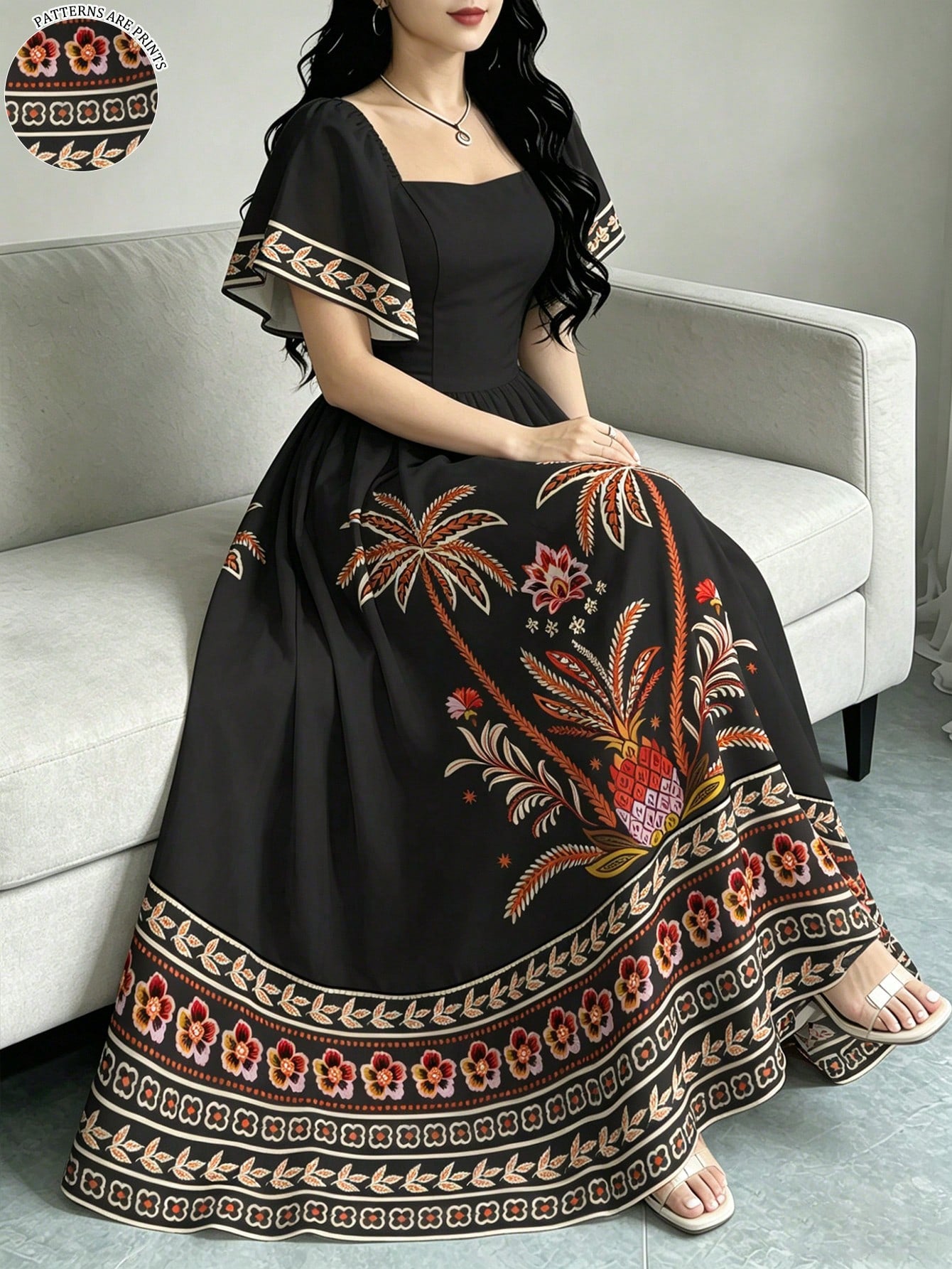 Modelyn Tropical Plant Print Elegant Dress For Women, Fashion Square Neck Cap Sleeve Dress, Ruffle Hem Design, Summer Vacation Style Bohemian Dress