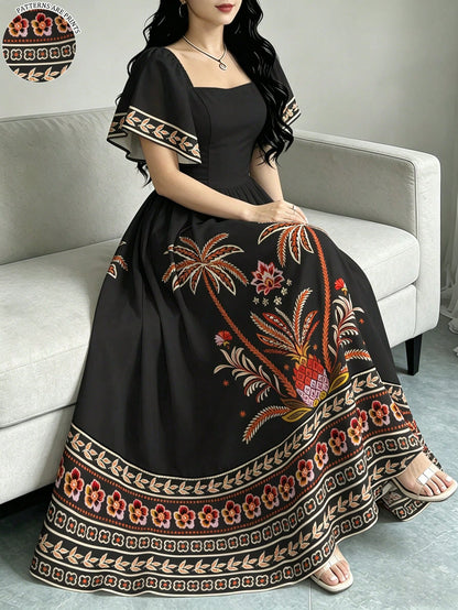 Modelyn Tropical Plant Print Elegant Dress For Women, Fashion Square Neck Cap Sleeve Dress, Ruffle Hem Design, Summer Vacation Style Bohemian Dress
