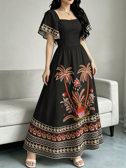 Modelyn Tropical Plant Print Elegant Dress For Women, Fashion Square Neck Cap Sleeve Dress, Ruffle Hem Design, Summer Vacation Style Bohemian Dress