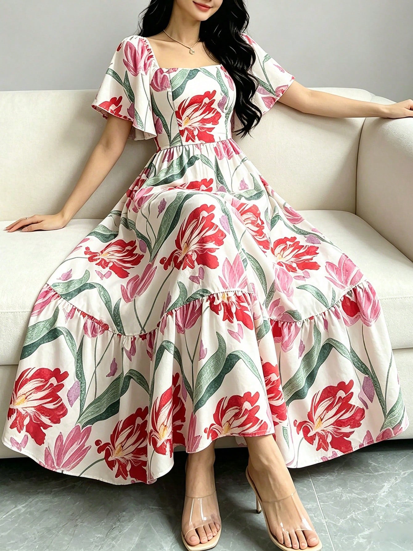 Modelyn Tropical Plant Print Elegant Dress For Women, Fashion Square Neck Cap Sleeve Dress, Ruffle Hem Design, Summer Vacation Style Bohemian Dress