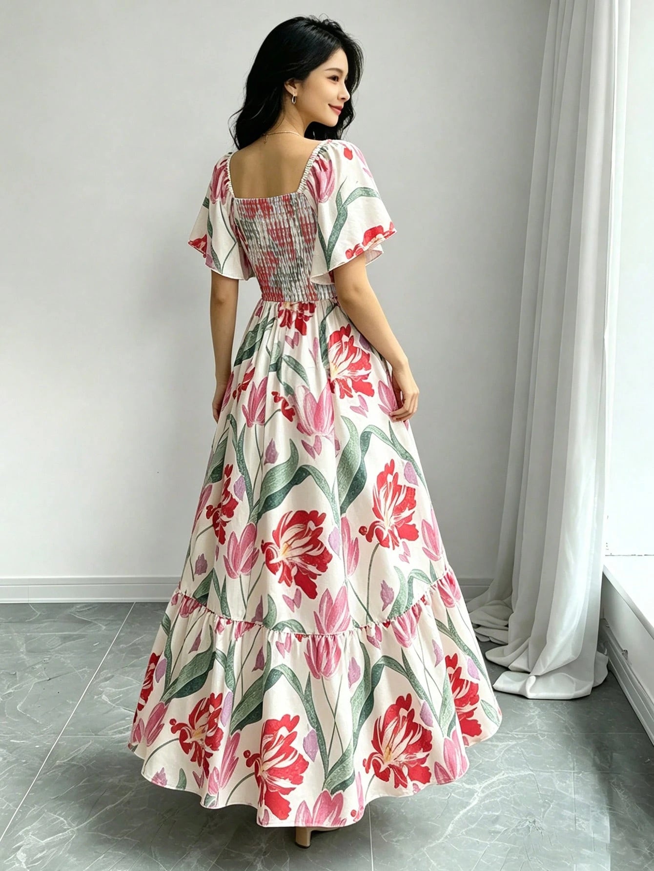 Modelyn Tropical Plant Print Elegant Dress For Women, Fashion Square Neck Cap Sleeve Dress, Ruffle Hem Design, Summer Vacation Style Bohemian Dress
